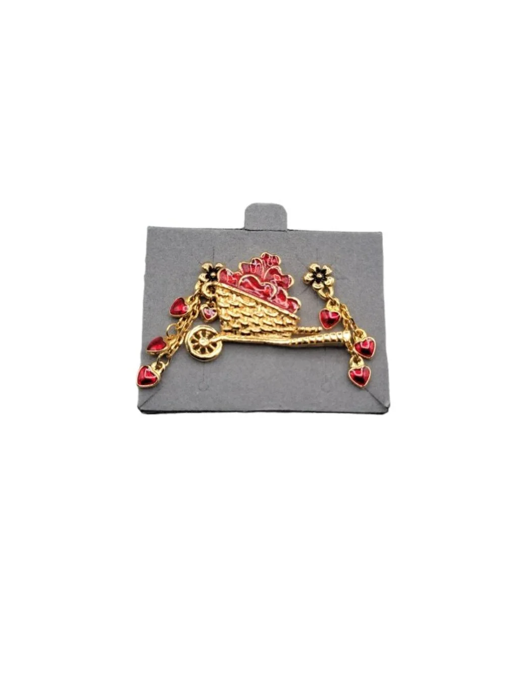 Avon Red Floral Heart Enamel Jewelry Set Wheelbarrow Pin & Dangle Post Earrings